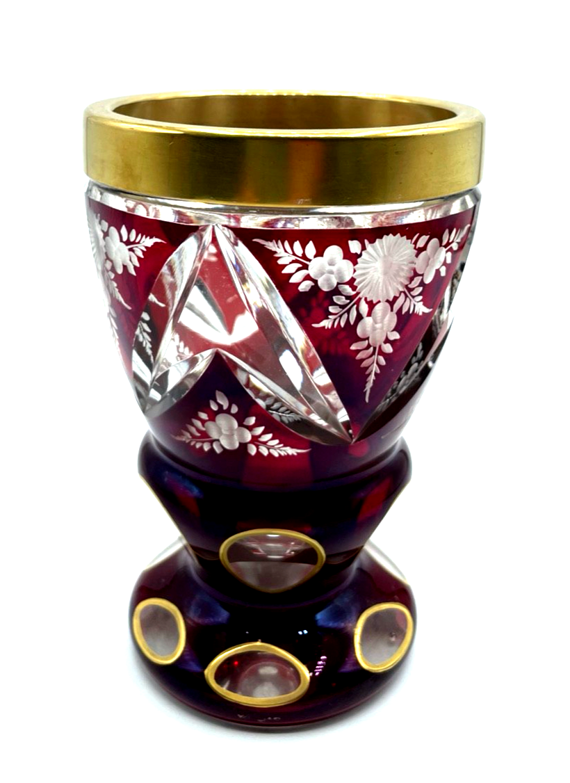 Vintage Böhmen Kristall Glas Ranftbecher Pokal floral Ätzdekor farbig Überfang4