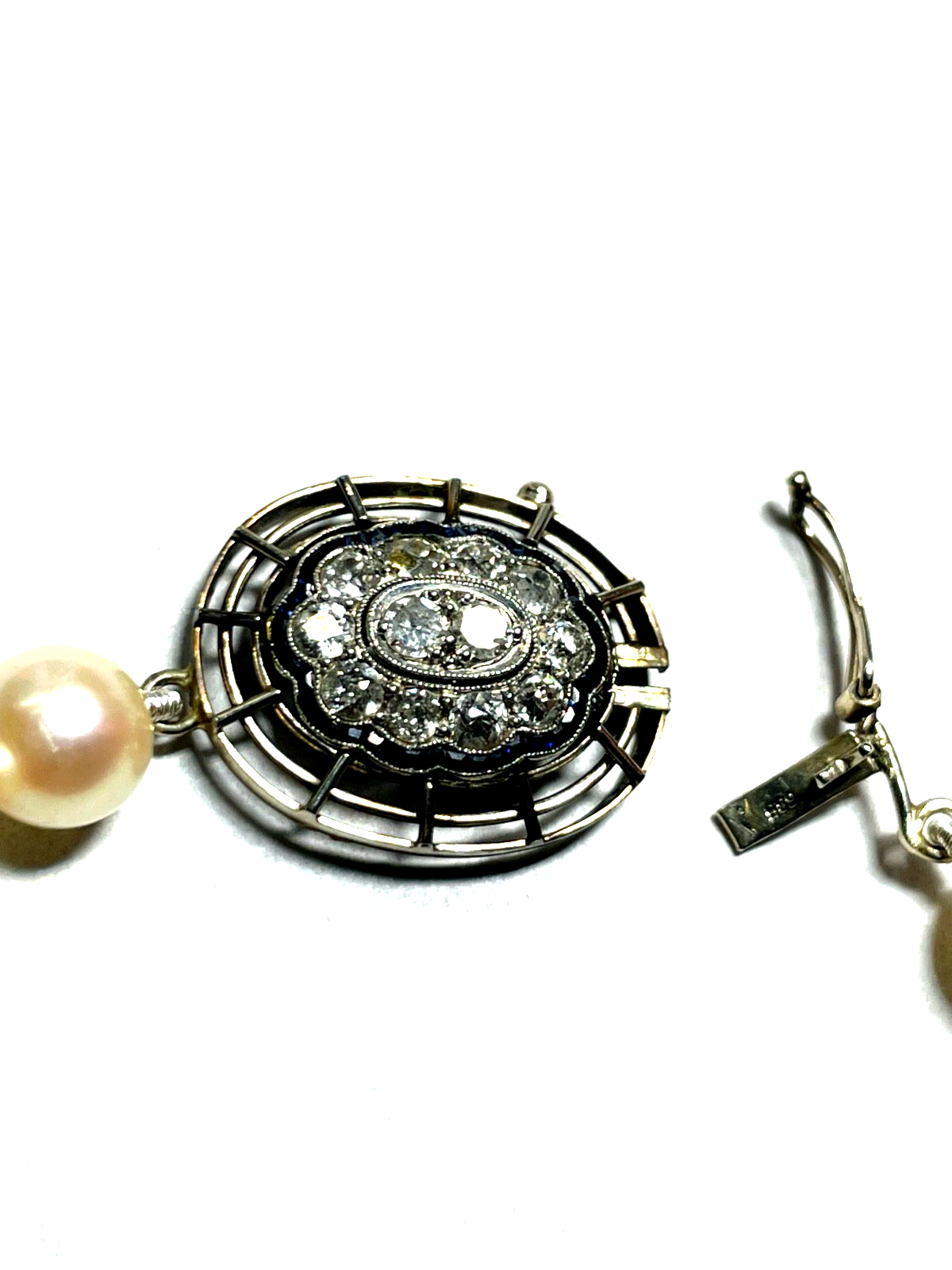 585 Gold Brillanten + Saphire Art Déco Flapper Kette 92 cm Perlenkette Ø 7 mm2