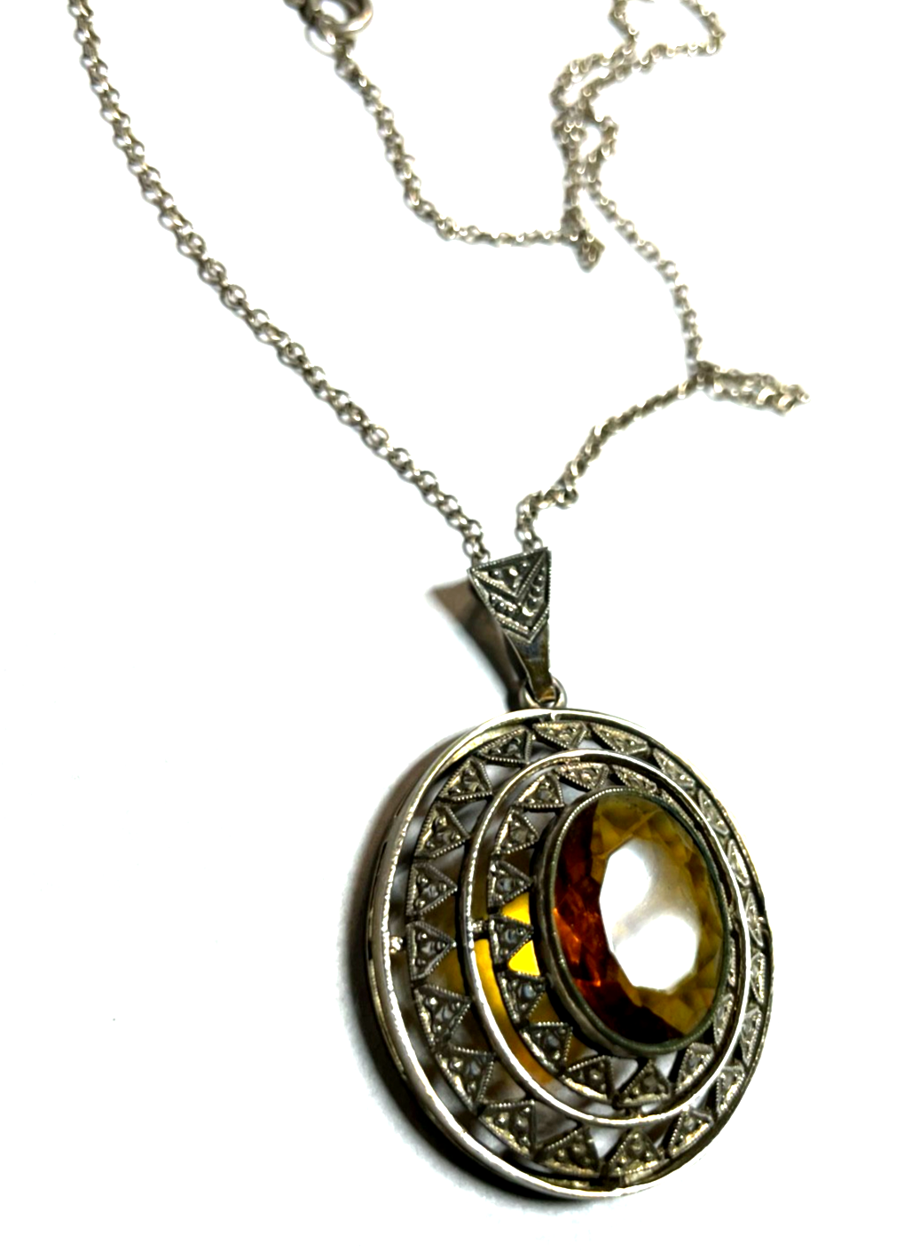 Antik 835 Silber Kette mit großer Anhänger Citrin cognac farbig 20er J gepflegt9