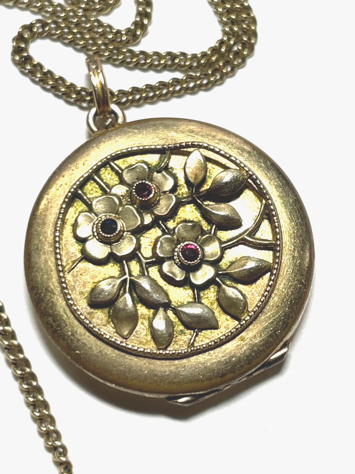Antik Medaillon Anhänger Golddouble Farbsteine + Kette um 1900 Edelweiß Inlay8