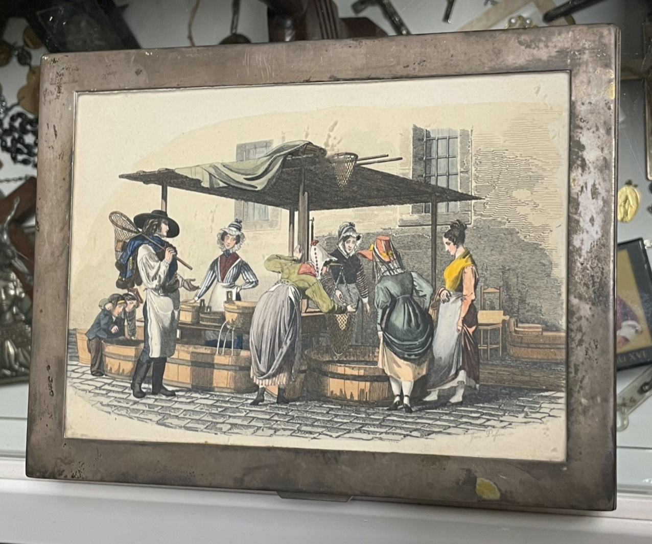 Antik Wiener Holzschatulle Deckeldose 800 Silber Montur col. Litho 20,5 x15,7 cm8