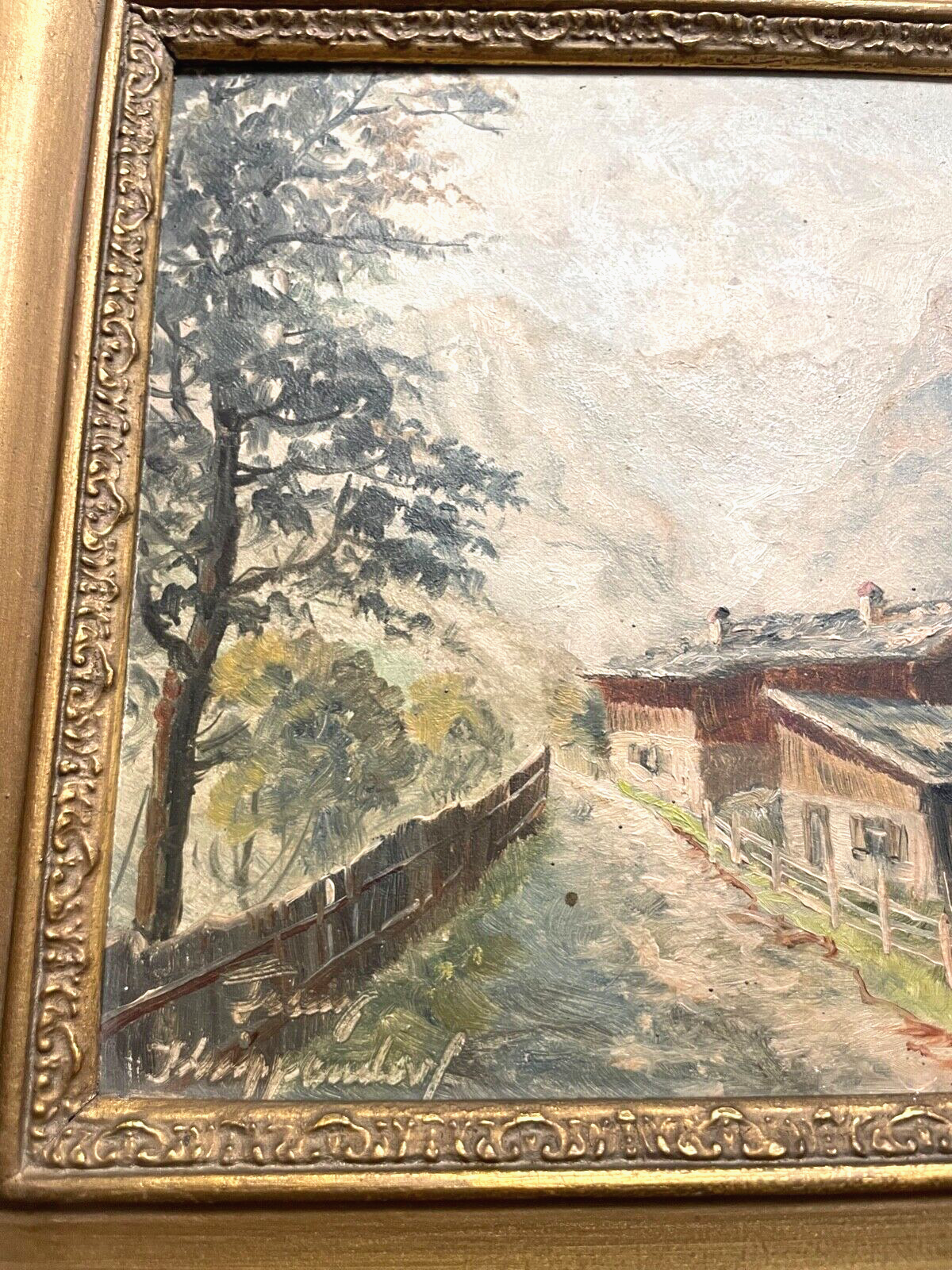 Ölgemälde Franz Krippendorf 1907-1982 alpenländische Kate vor Gebirge Landschaft4