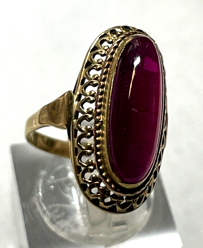 585 Gold 14 K antik Ring mit rotem Korund Farbstein Cabochon RG 47 Juwelier gepf1
