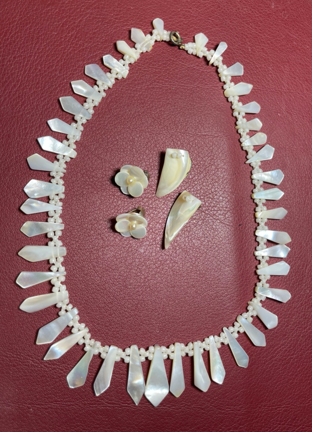 Antik Set wunderschönes antik Perlmutt Collier + 2 Paar Ohrclips Handarbeit6