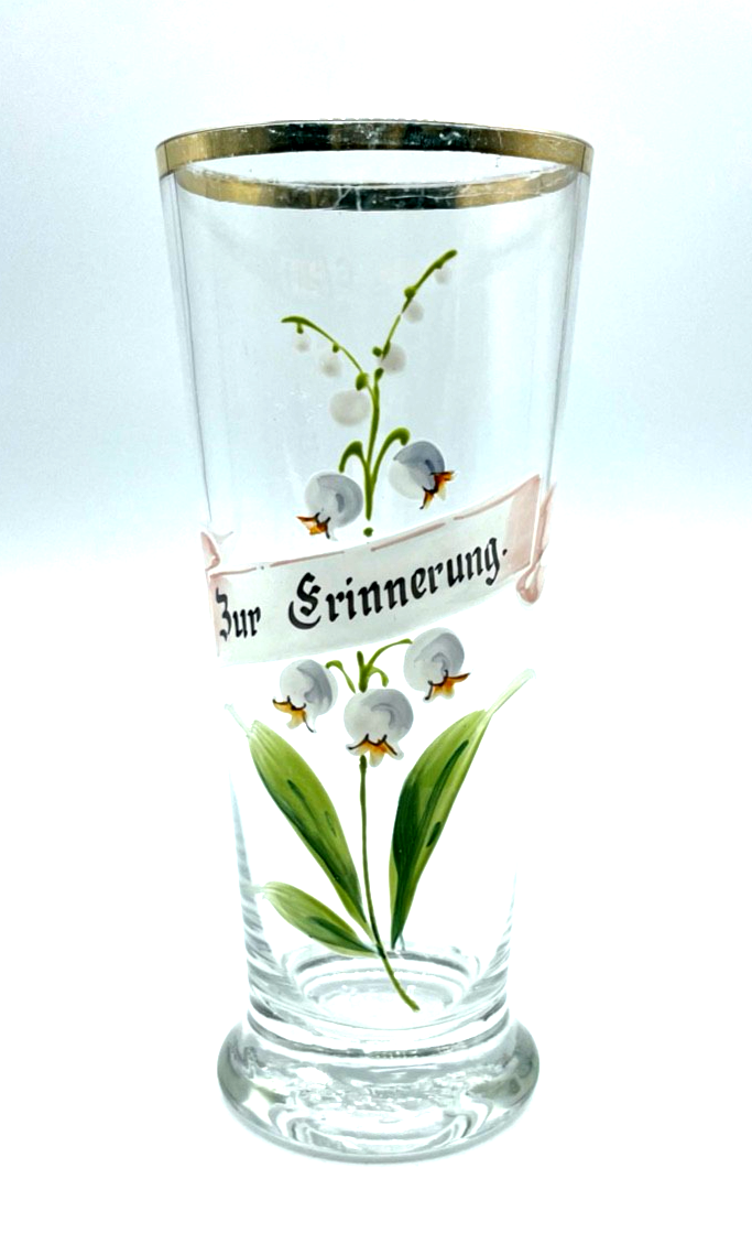 Antik Glas handbemalt Jugendstil Andenkenglas zur Erinnerung Maiglöckchen 6/20 L0