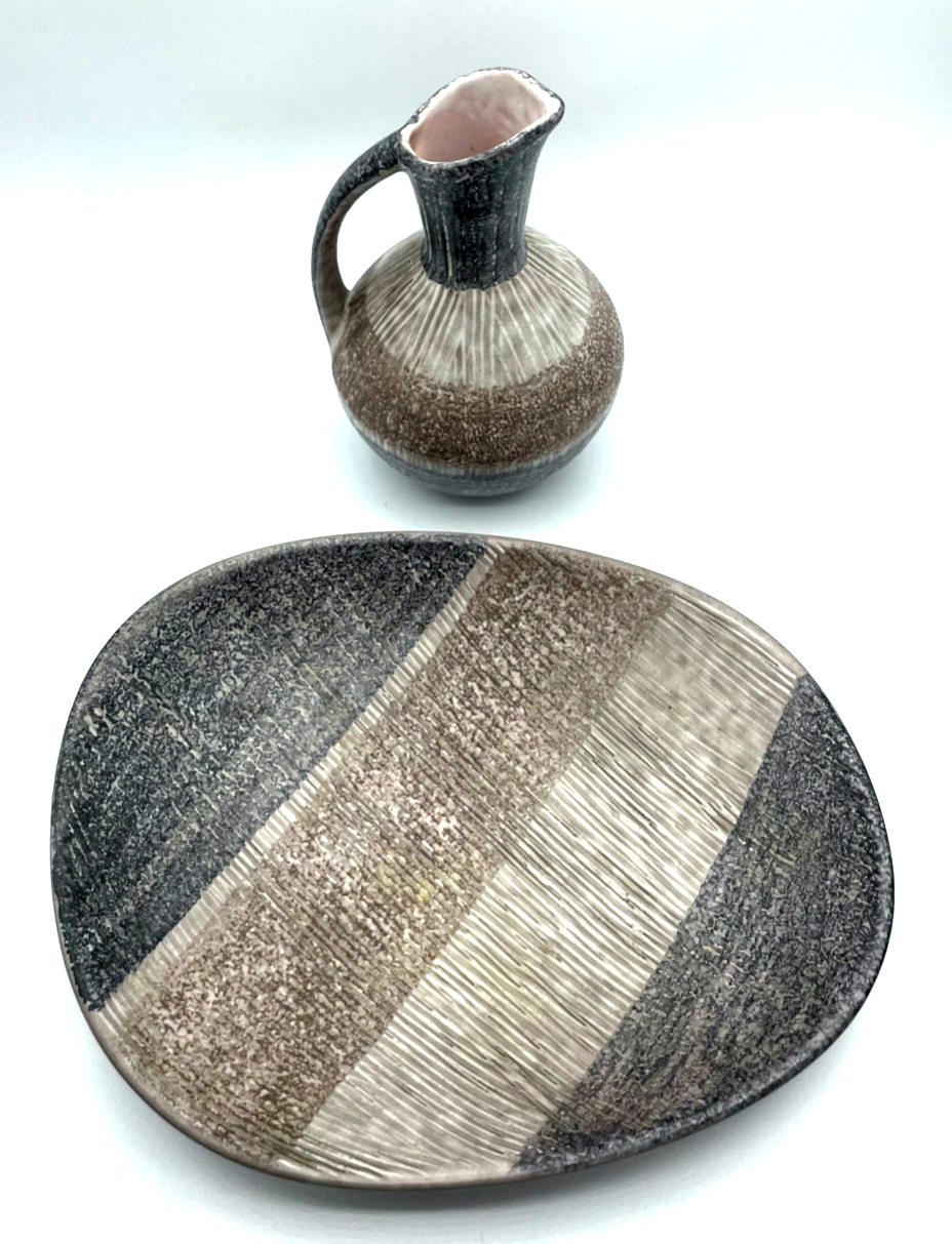 Mid century Wächtersbach Majolika Set Dec. 6371 * TUNIS * Vase + Schale gepfl.8