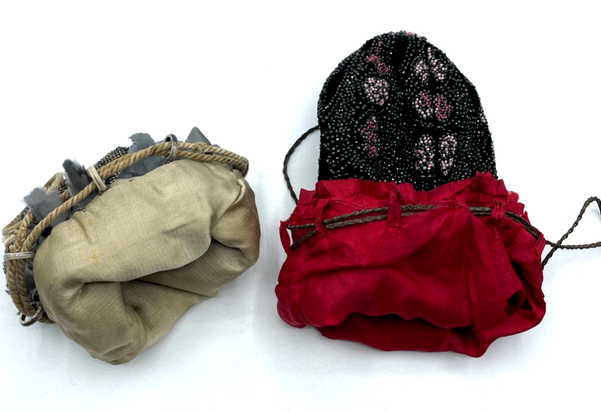 2 Antik Pompadour Glasperlen Tasche Perlenbeutel Handarbeit Perlentasche um 19005