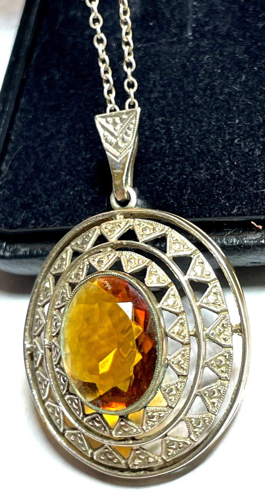 Antik 835 Silber Kette mit großer Anhänger Citrin cognac farbig 20er J gepflegt6