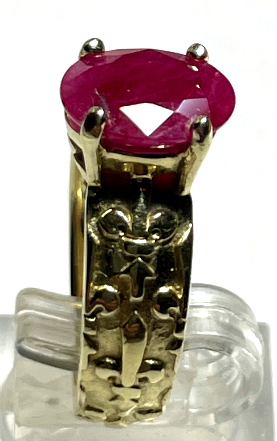 Exklusiver 585 Gold 14 K Ring gr. Rubin Fleur de Lys Wappen Lilie Dekor RG 514