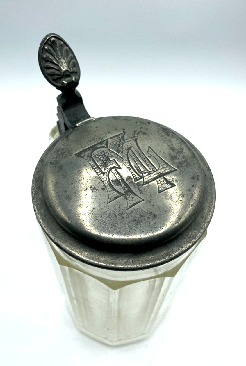Antik dekorativ Pressglas Bierkrug 1 Liter mit Zinndeckel um 1900 Dachbodenfund0