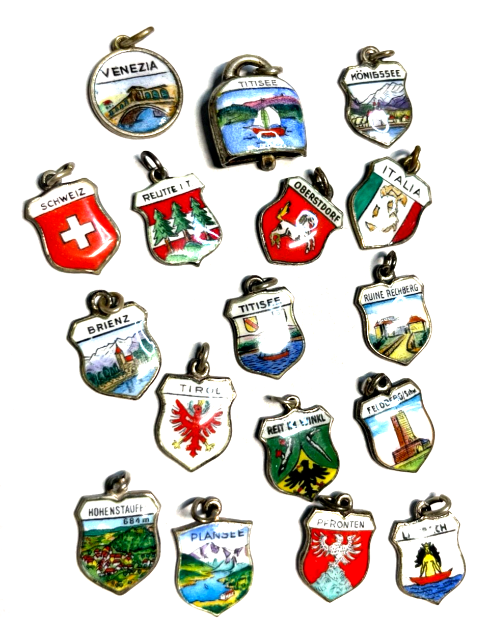 17 verschieden Stadtwappen Bettelarmband Anhänger Emaille Silber Reise Souvenir0
