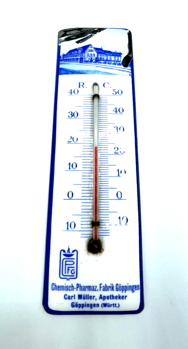 Antik Emaille Thermometer mit Pharma Werbung Göppingen um 1900 Emailware rar !!!0