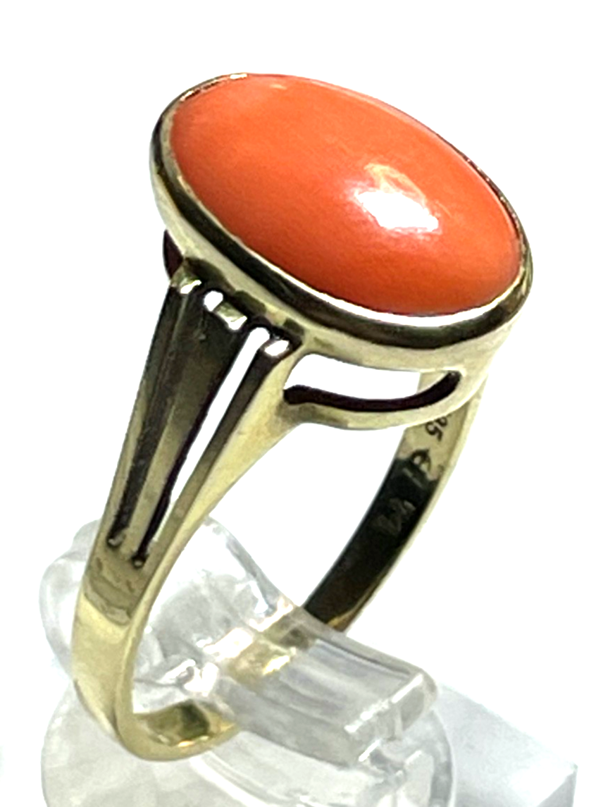 Solider 585 Gold 14 K Ring 19 mm RG 60 Natur Lachs Koralle Cabochon Juwelier0