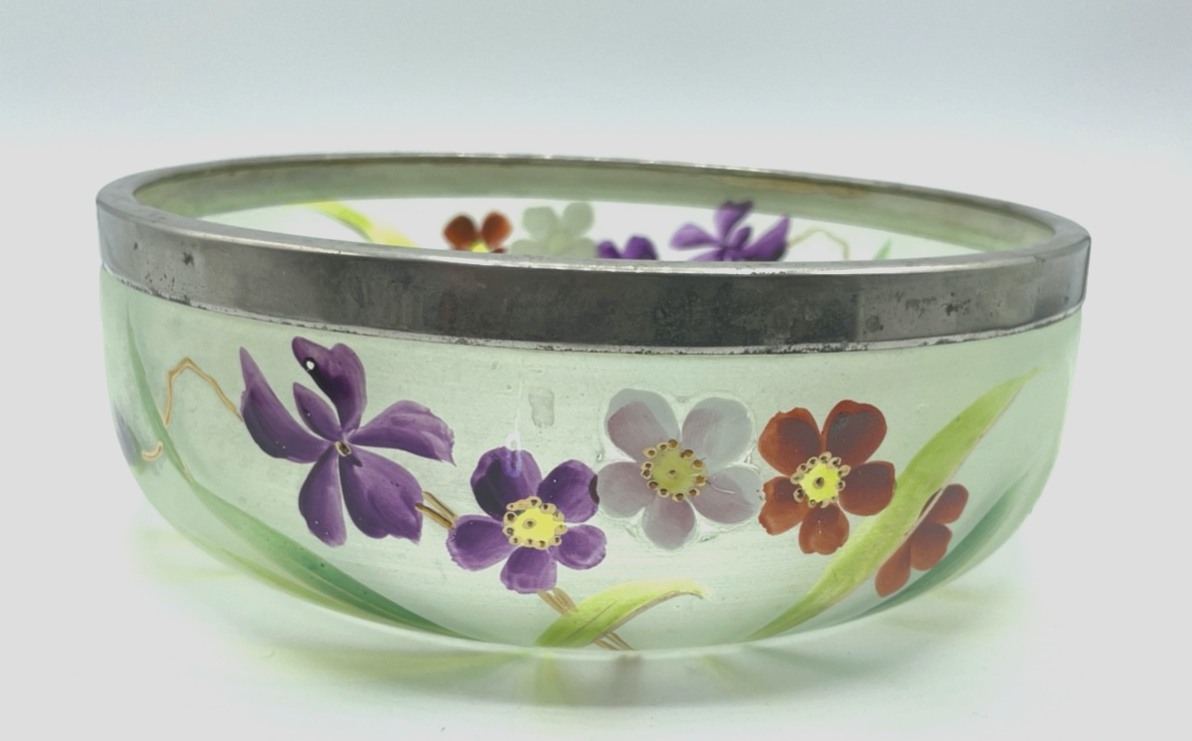 Jugendstil antik Glas Schüssel Anbieten Schale handbemalt Blumen Dekor1