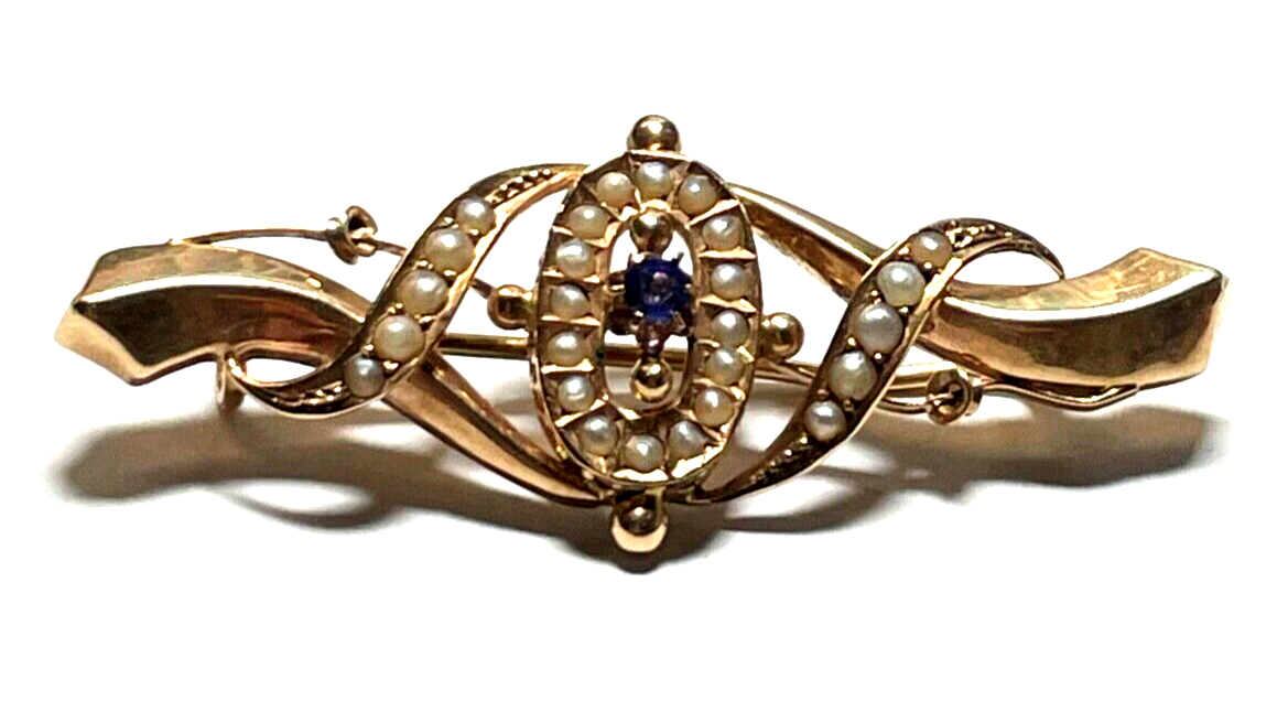 Antik edle 585 Gold 14 K Brosche Saphir Orientperlen Historismus Saatperlen1