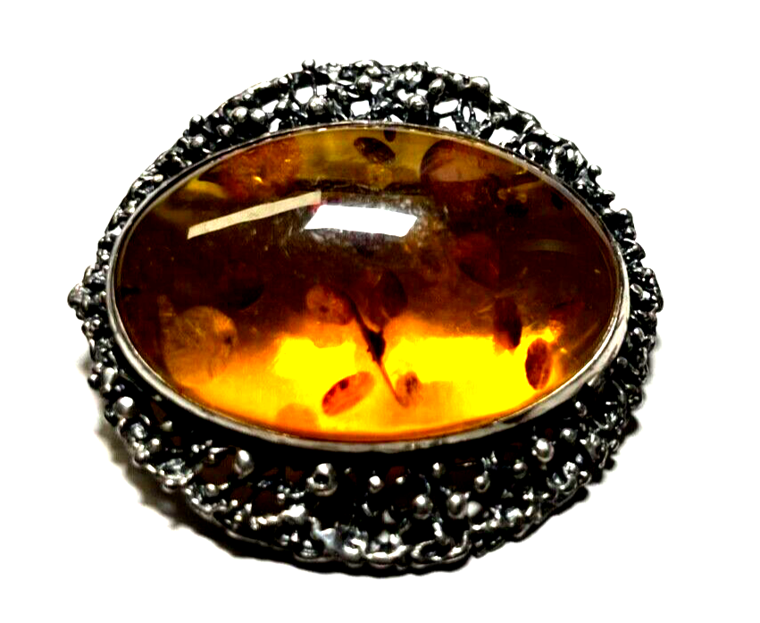 925 Silber Brosche Designer Anstecknadel / Anhänger Bernstein Cabochon Inklusen4
