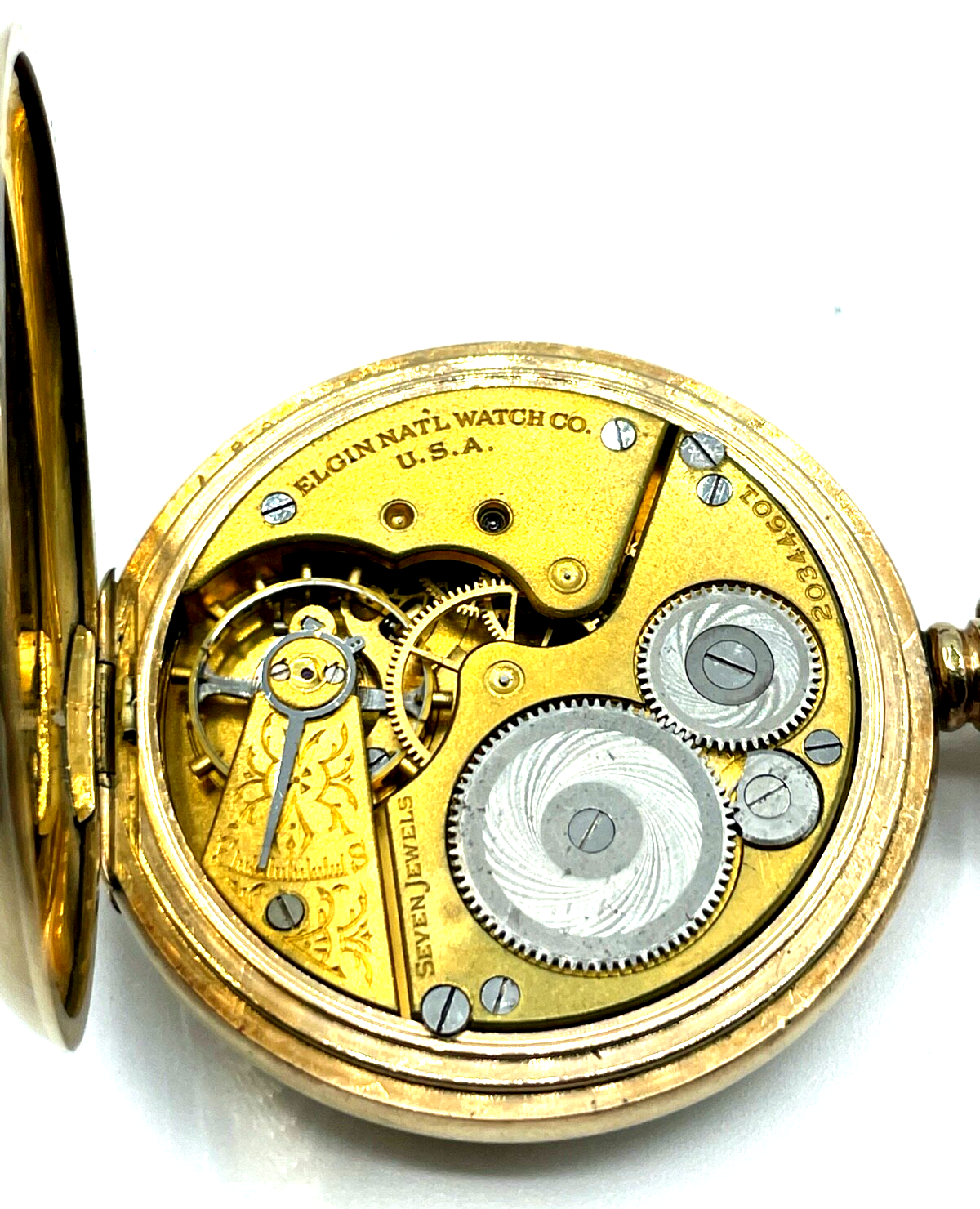 Antik HTU Herren Taschenuhr Elgin USA Golddouble + Glassturz TU Ständer läuft11