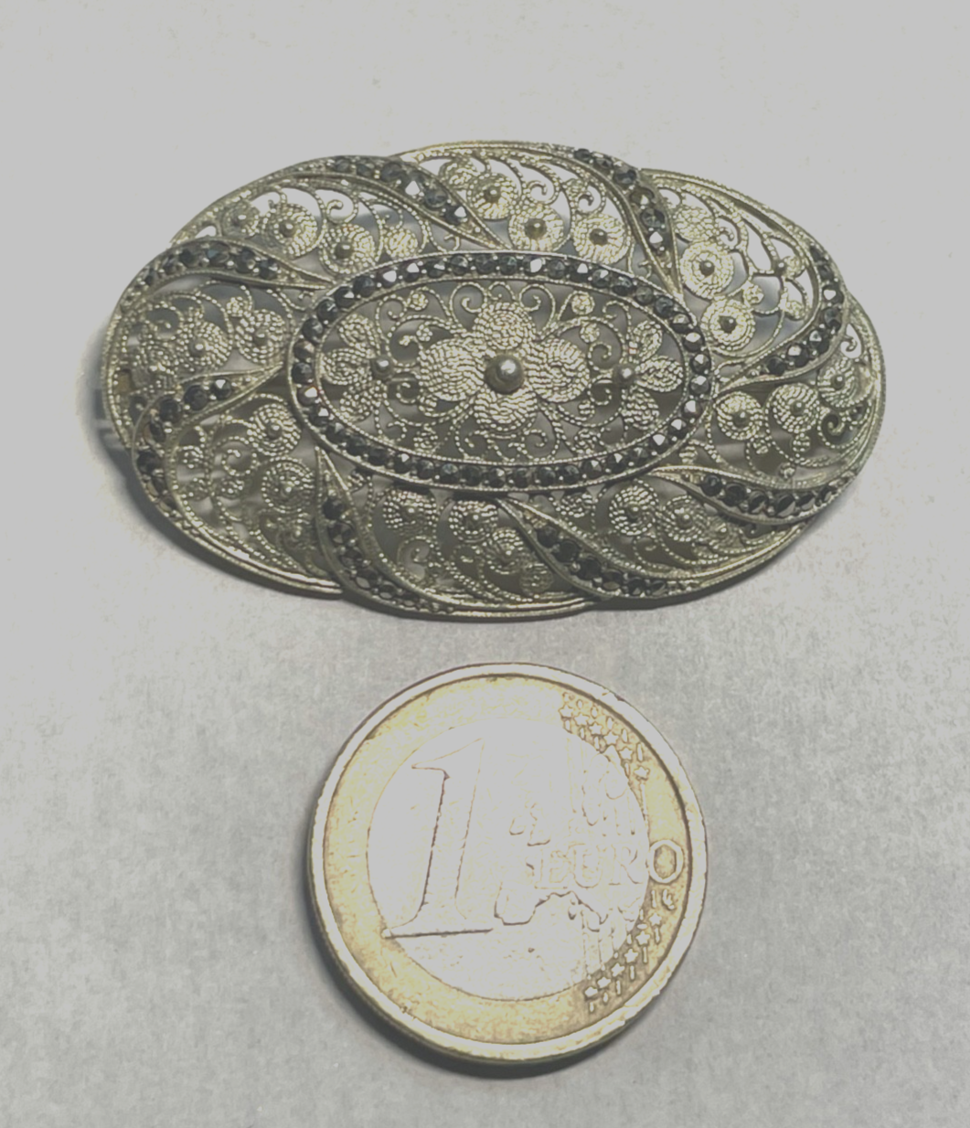 Antik 835 Silber Brosche Jugendstil filigrane Handarbeit Markasit Besatz vergold2