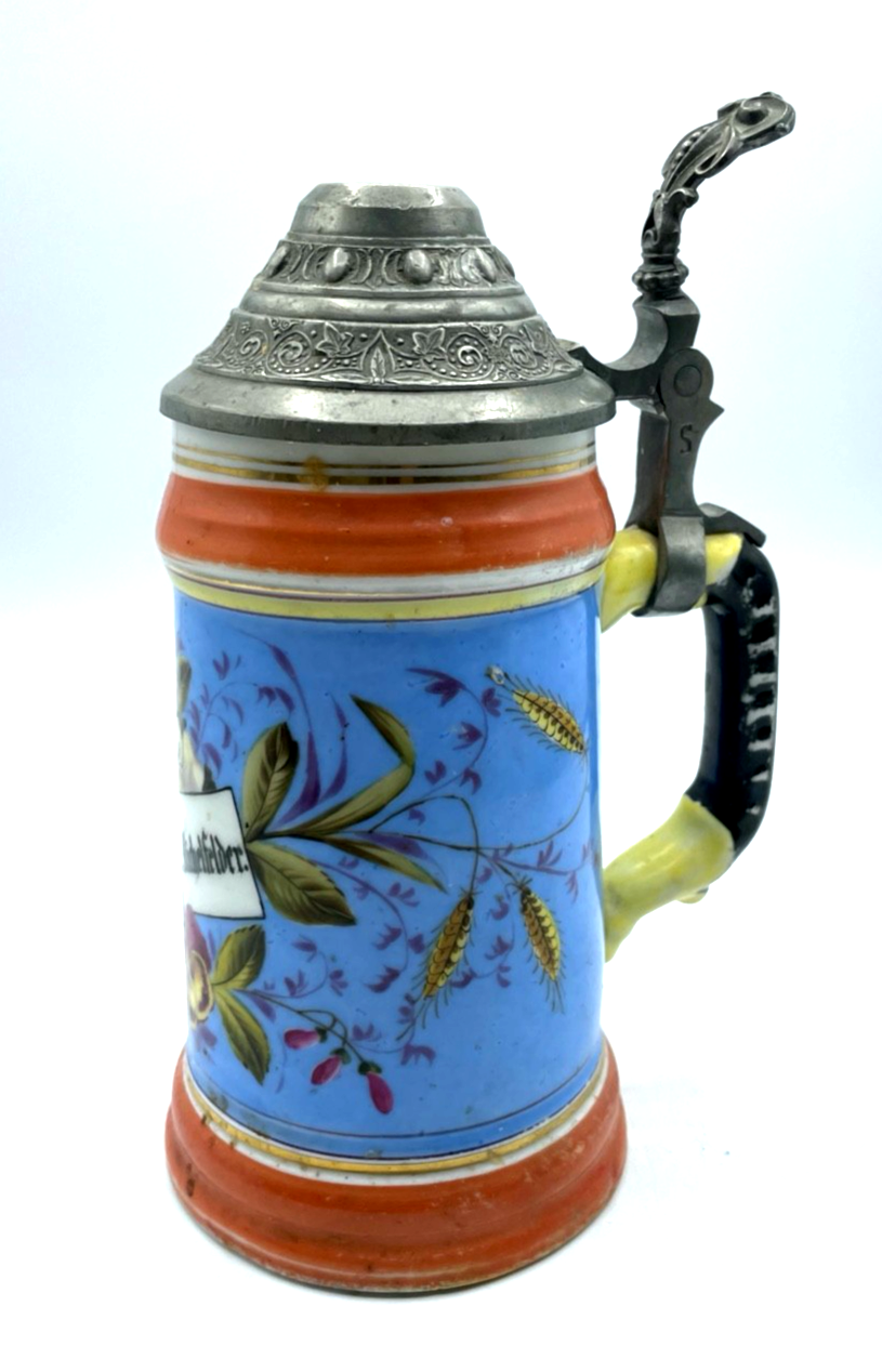 Antik Porzellan Bierkrug  Zinndeckel  + Lithophanie um 1900 handbemalt0