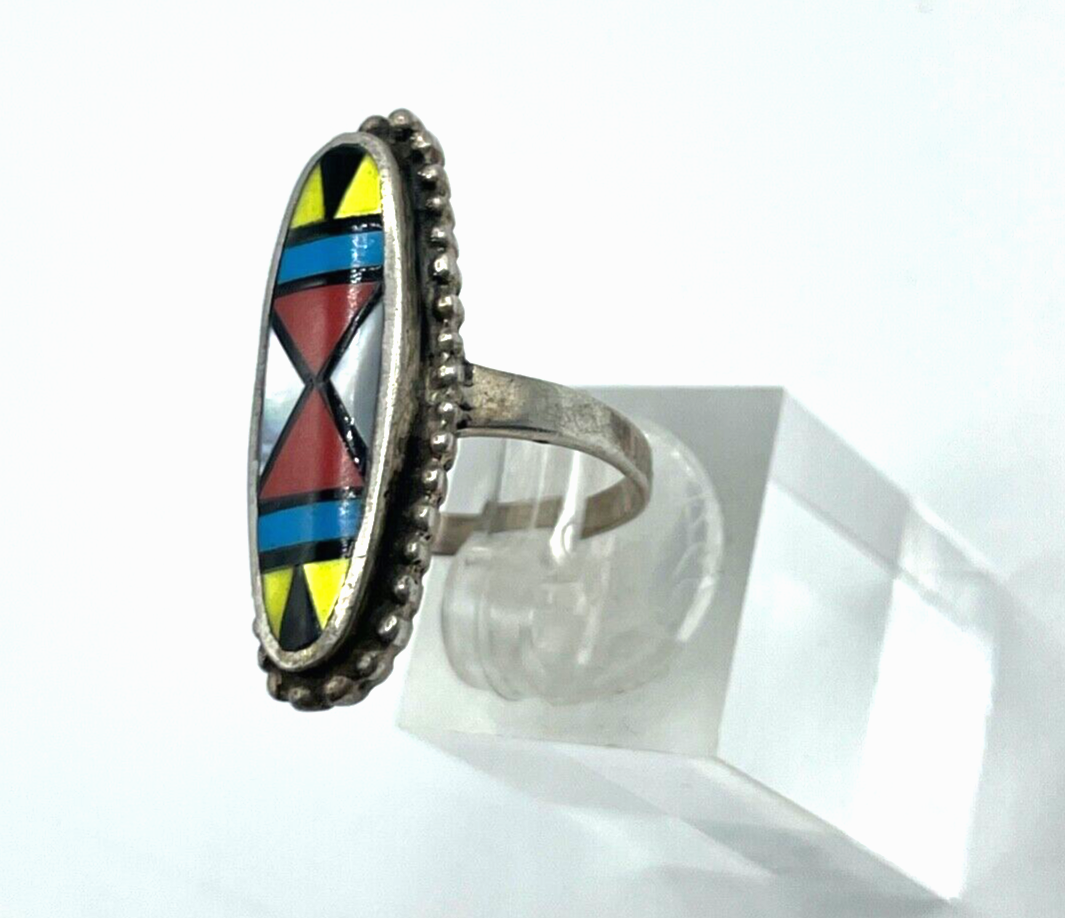 925 Sterling Silber Ring Zuni Indianerschmuck Edelstein Inlay Handarbeit Ø 17mm2