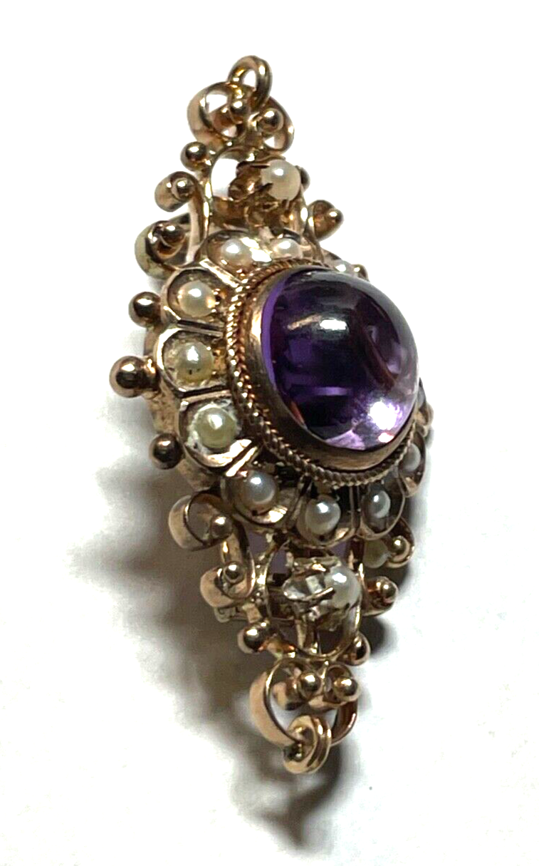 Antik 8 K Gold 333 Brosche Amethyst Cabochon Orientperlen Historismus Saatperlen4