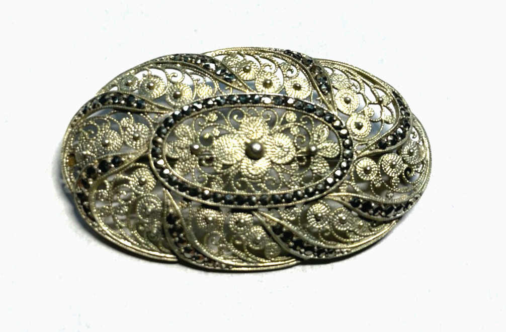 Antik 835 Silber Brosche Jugendstil filigrane Handarbeit Markasit Besatz vergold0