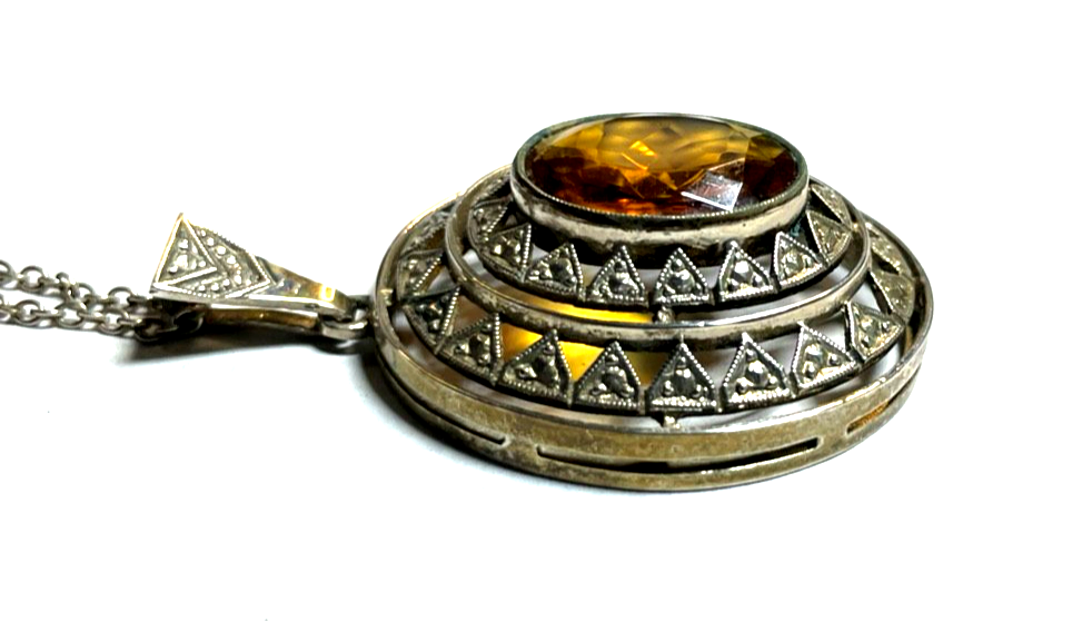 Antik 835 Silber Kette mit großer Anhänger Citrin cognac farbig 20er J gepflegt11
