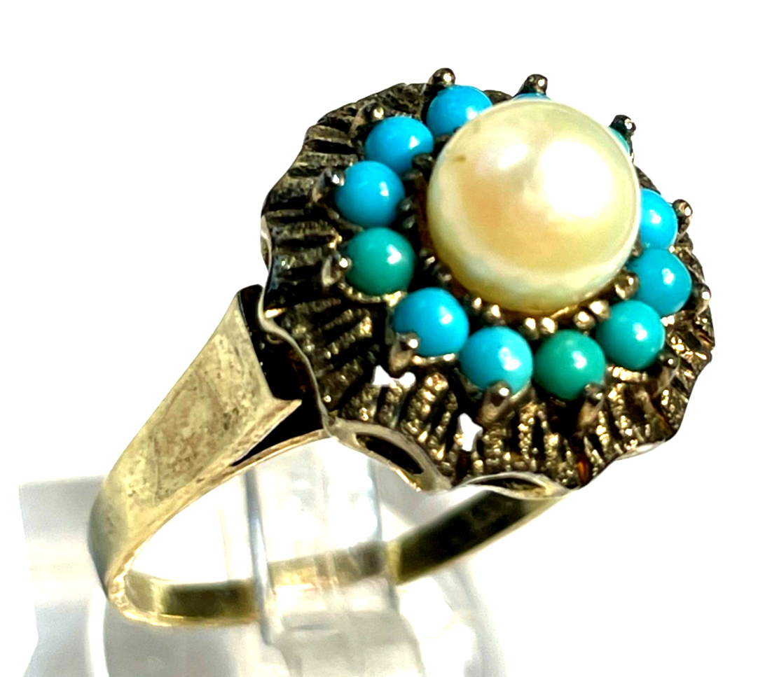 Vintage Design 333 Gold 8 K Ring Akoya Perle + Türkis Ø 18,4 mm RG 58 Juwelier2