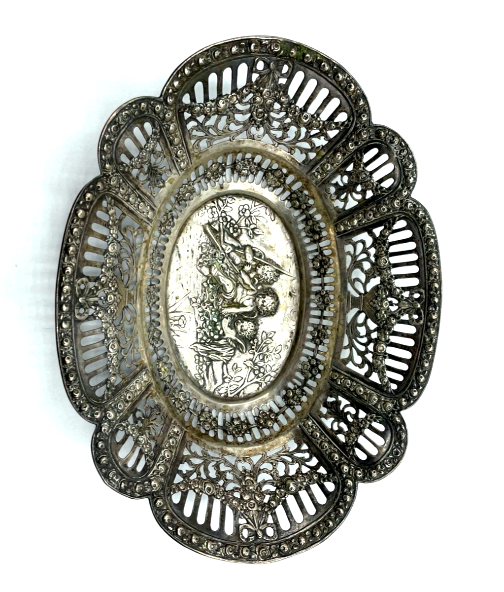 Antik 800 Silber Körbchen Anbietschale Durchbruch Putten Rosen Dekor L 21,2 cm1