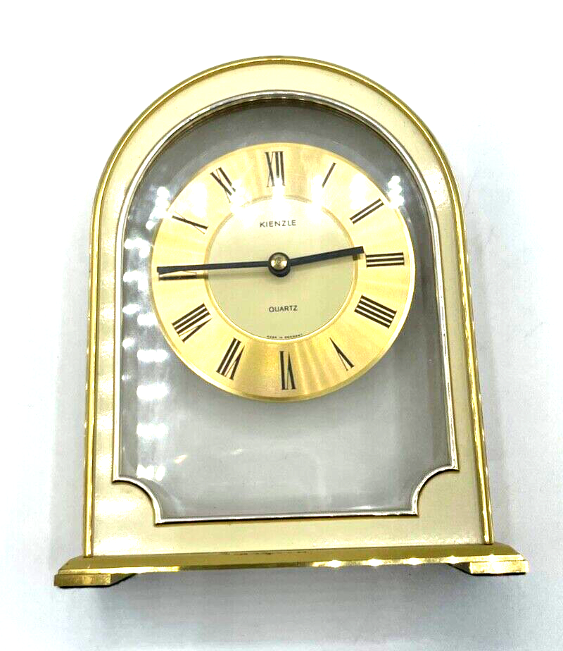 Vintage formschöne Kienzle Tischuhr Messing Gehäuse + Emaille Quartz Werk läuft7