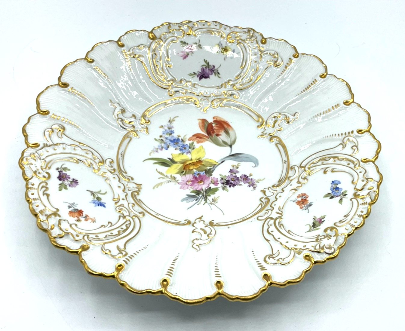 Antik Meissen Porzellan Prunkteller 1. Wahl Blumenbukett Goldstaffage Ø 23 cm0
