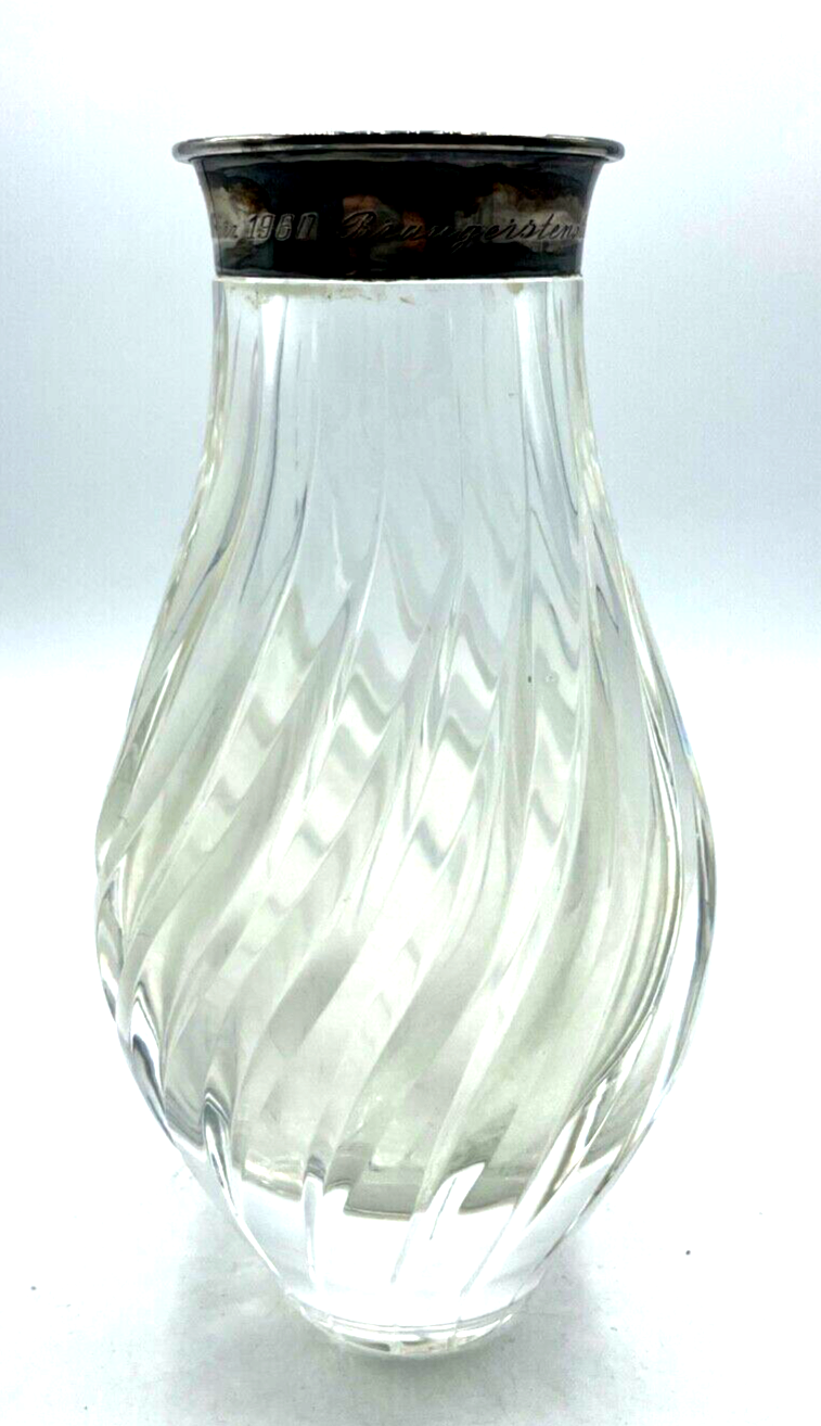Schwere Bleikristall Kristallglas Vase mit 835 Silber Rand und Punze 1960 H19cm0