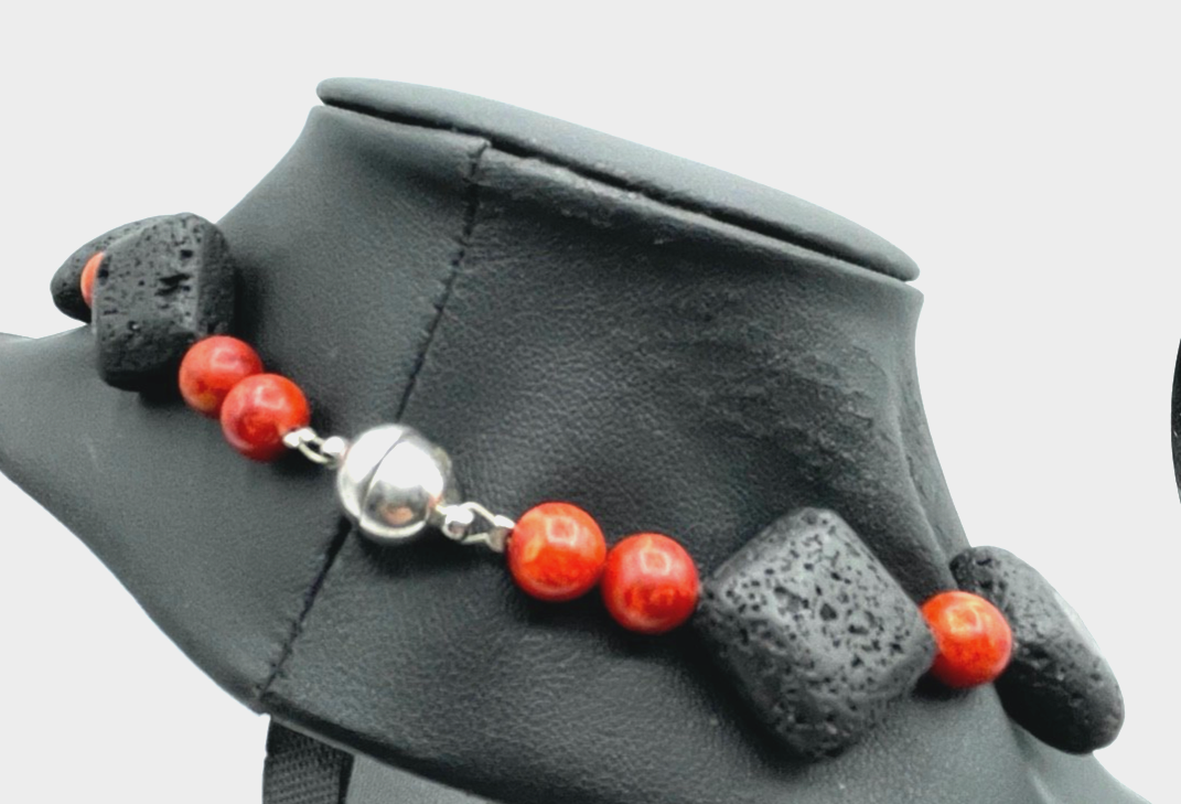 Attraktive Bambuskoralle + Lava Stein Halskette Collier L50 B2,2 cm Magnet Kugel3