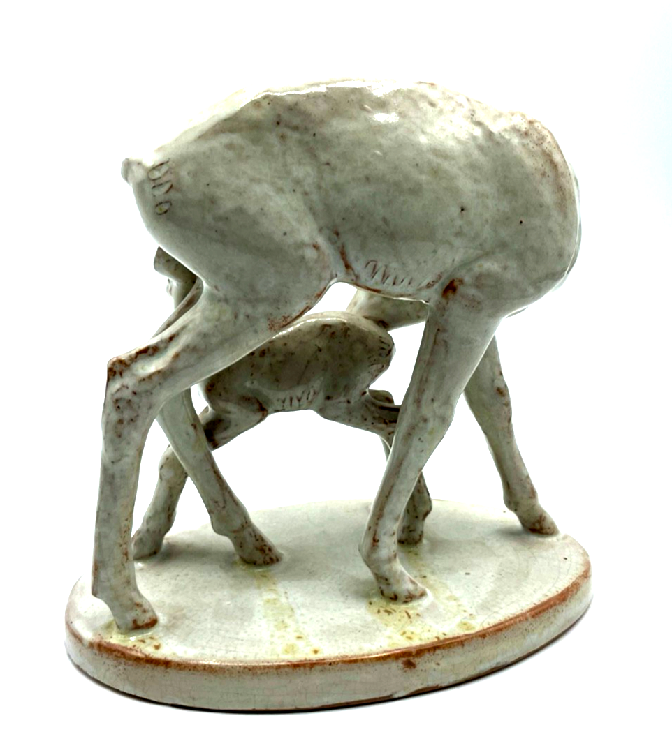 Bildhauer Rudolf Rempel anmutige Tier Plastik Reh mit Kitz Majolika um 19303