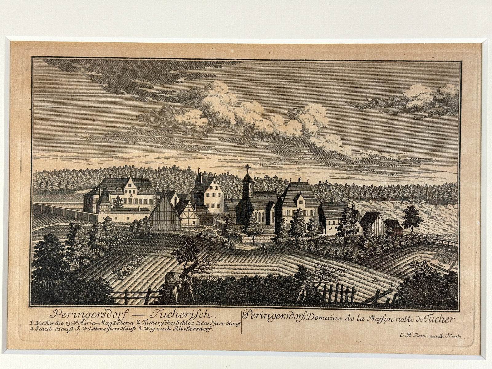 Behringersdorf Tucherschen - Kupferstich 1759 - gerahmt Passepartout hinter Glas1