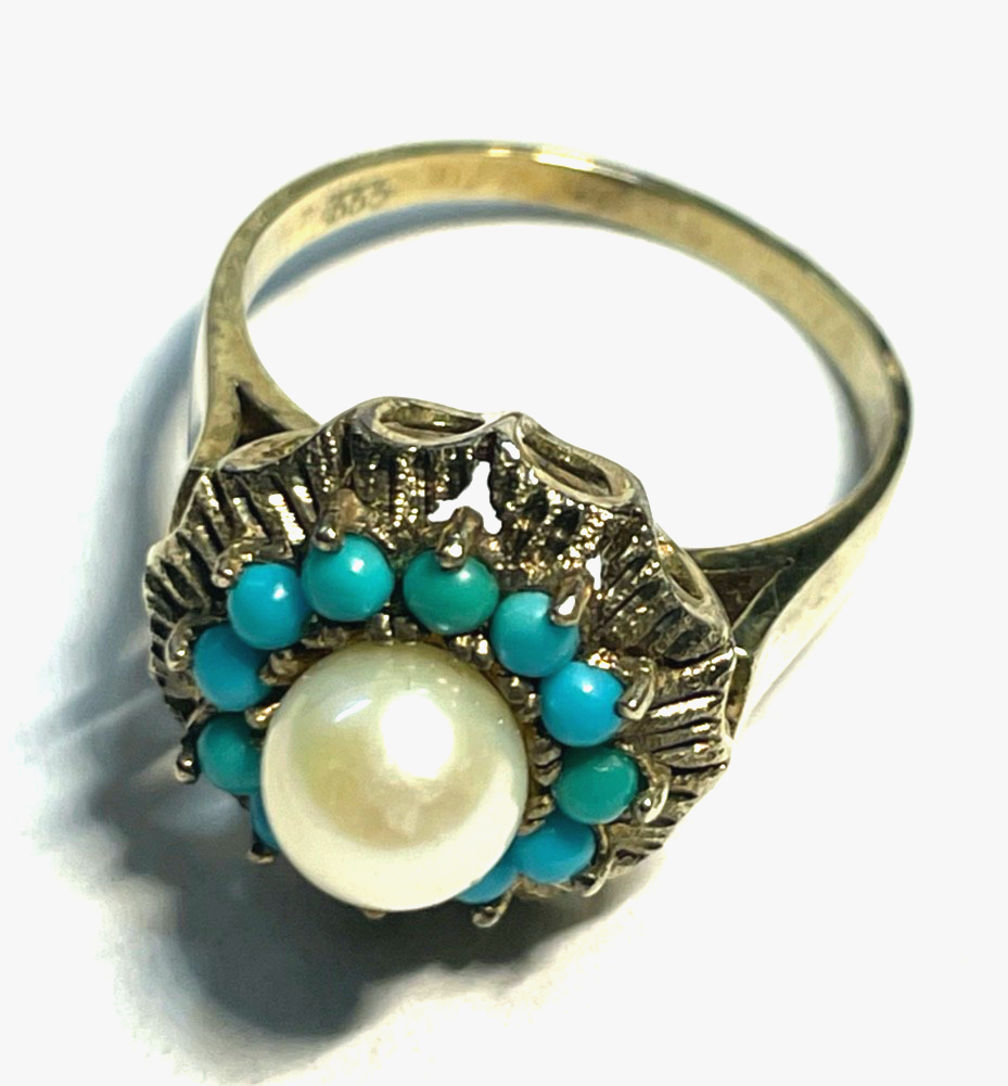 Vintage Design 333 Gold 8 K Ring Akoya Perle + Türkis Ø 18,4 mm RG 58 Juwelier6
