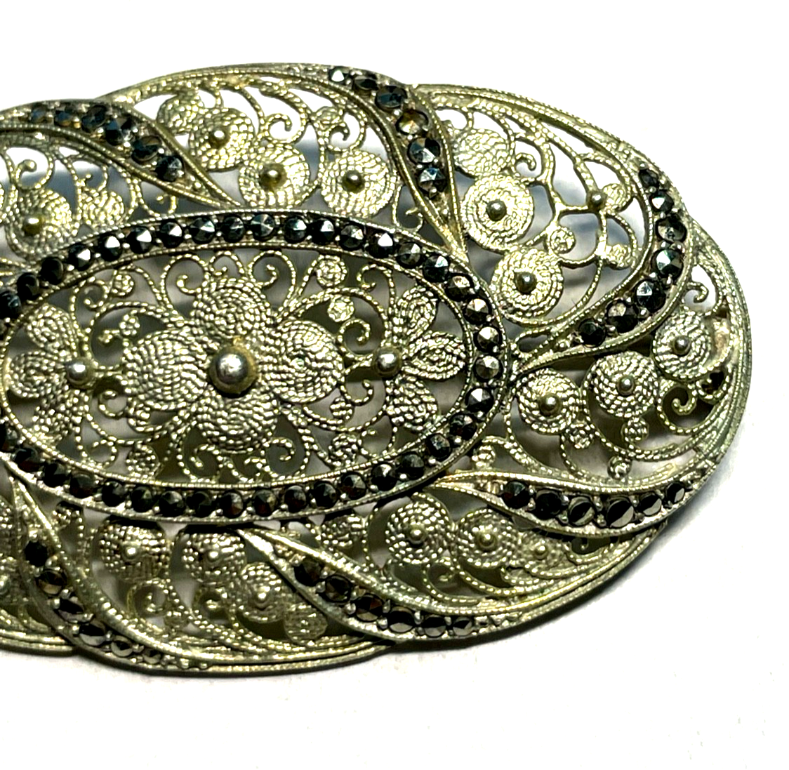 Antik 835 Silber Brosche Jugendstil filigrane Handarbeit Markasit Besatz vergold3