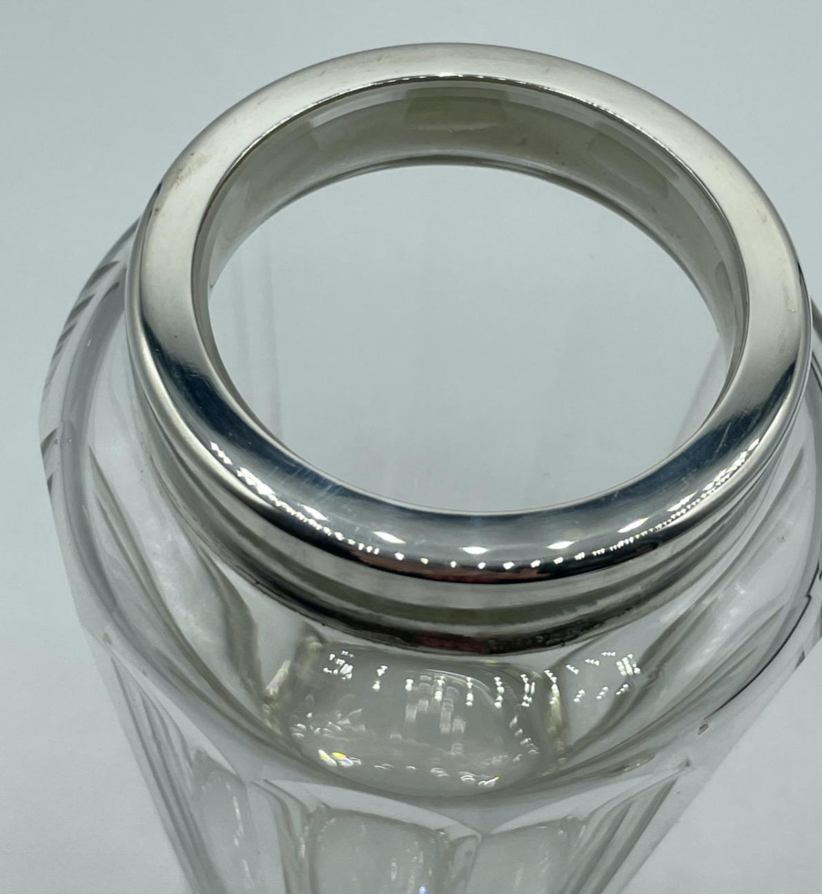 Antik Cocktail Shaker Kristallglas 800er Silber Rand und Deckel Topzustand12