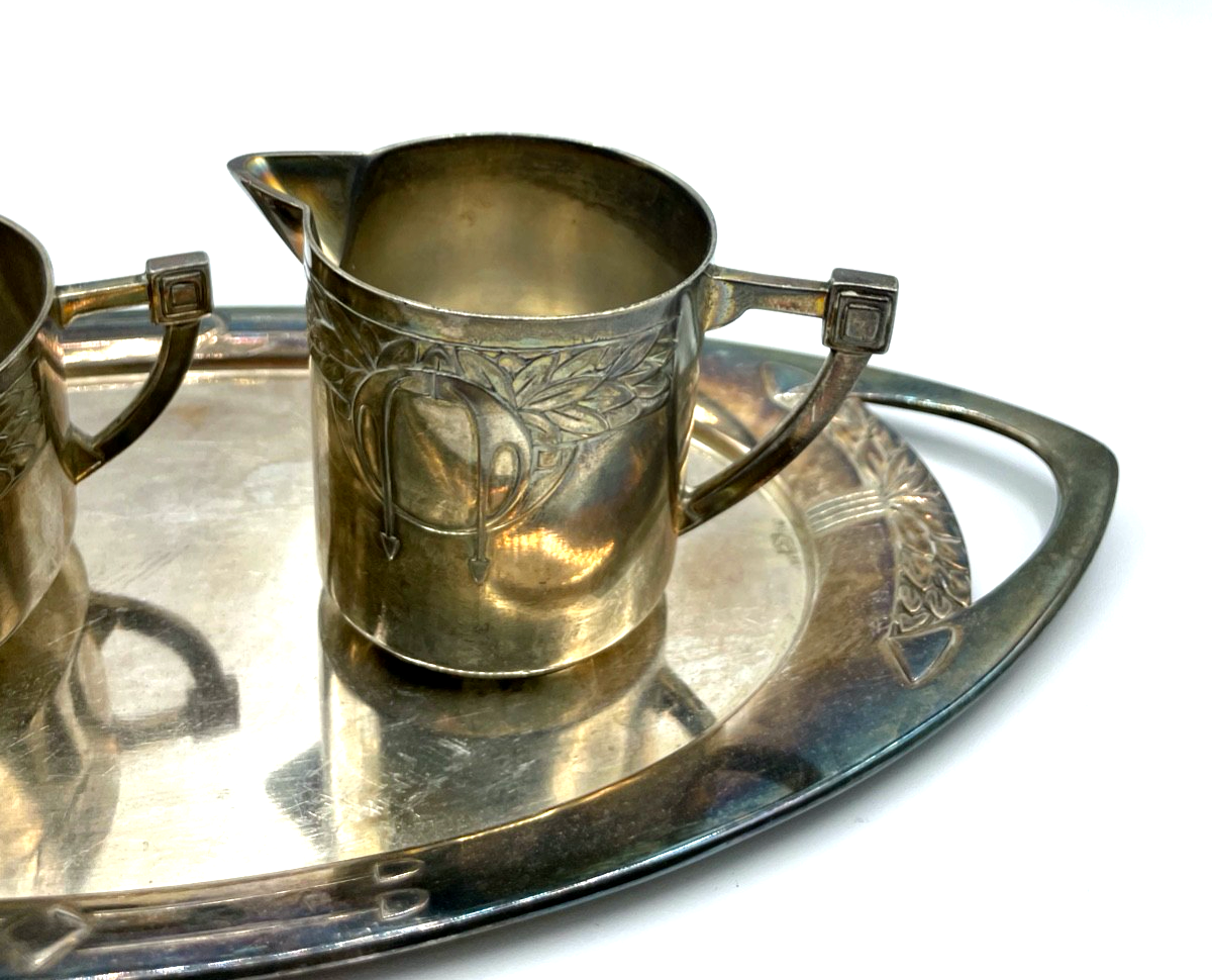 WMF Jugendstil 3er Set Metall versilbert Tablett + Milchschütte + Zuckertopf2