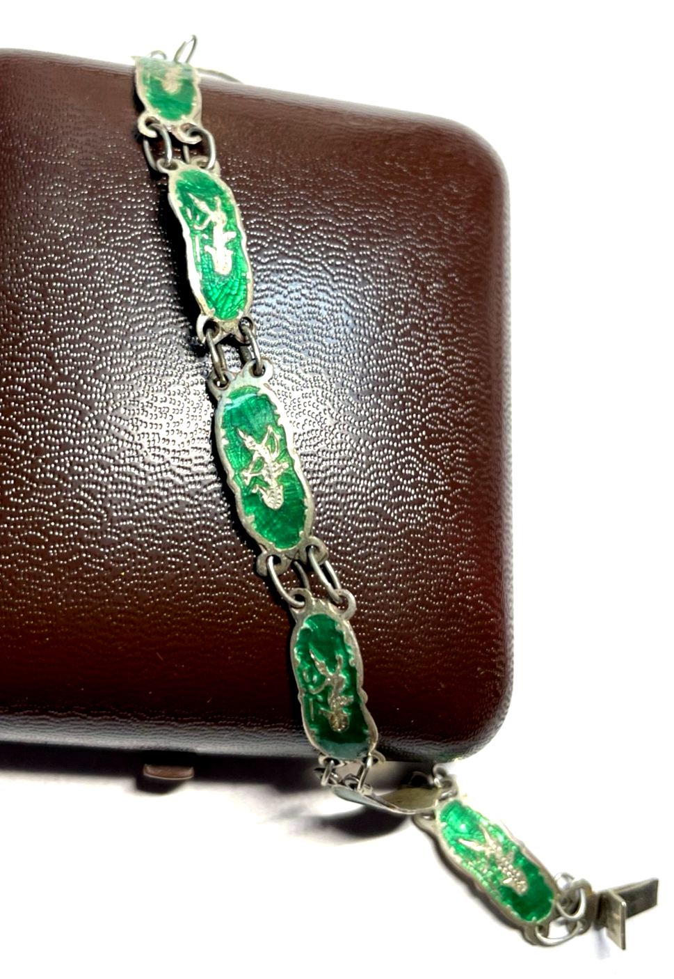 Vintage Siam Sterling Armband grüne Emaille Technik feines Dekor gepfl. L 17,5cm1
