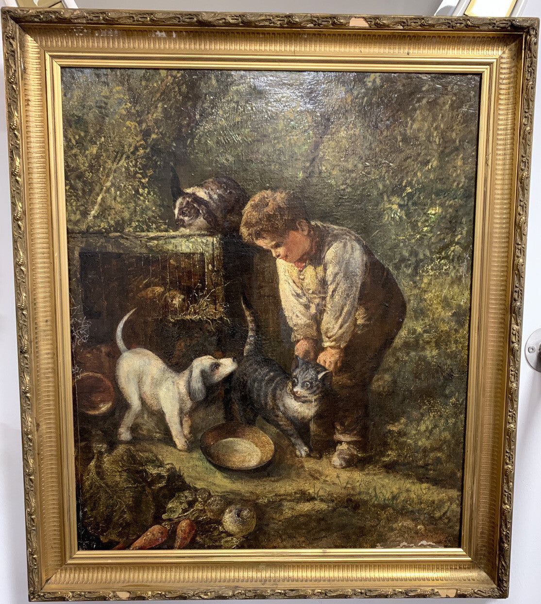 Jules Dhotretiz - Ölgemälde Leinwand um 1850  - Junger Knabe im Hasenstall 0