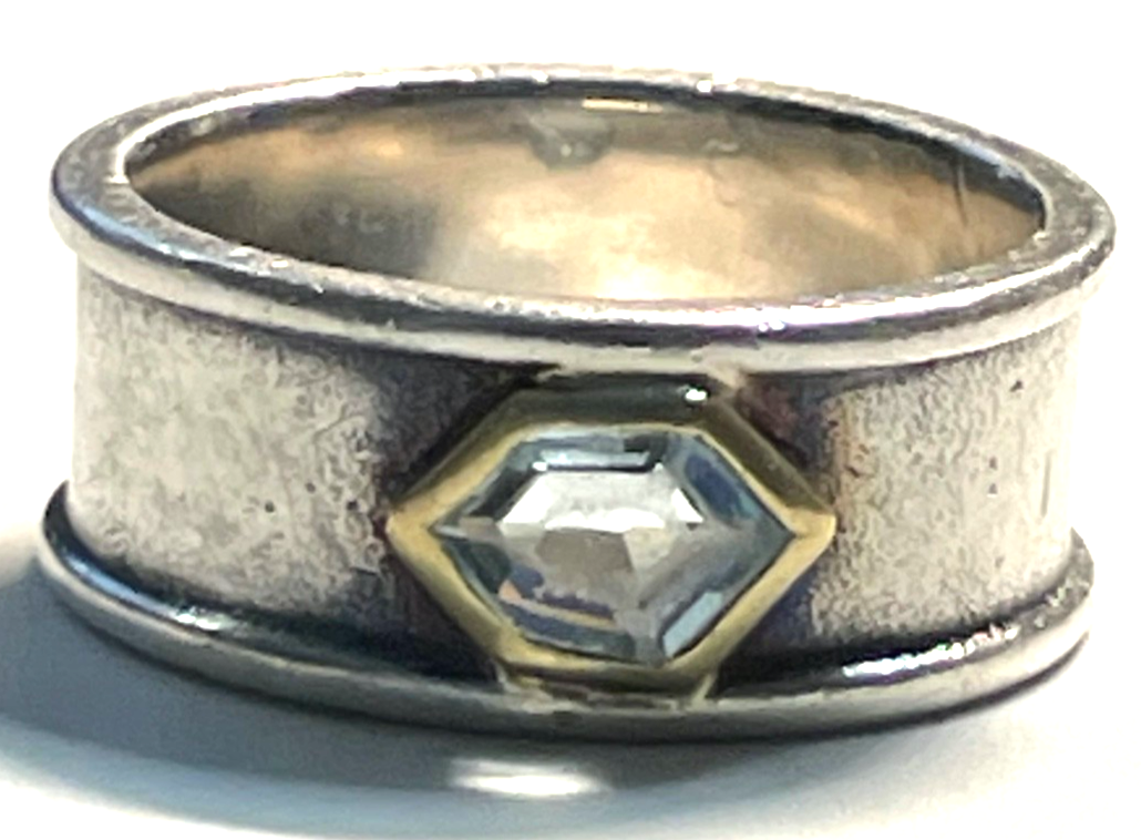Solider 925 Silber Ring Designer Bandring mit Blautopas Handarbeit RG 55 Ø17,5mm0