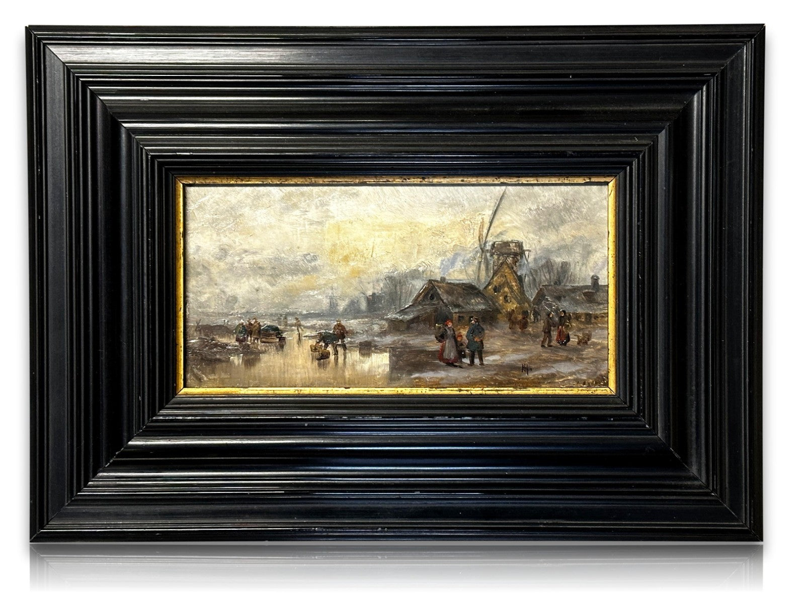 Kleines Kabinettbild – Winterliche Holland-Szene Windmühle Öl auf Holz signiert0