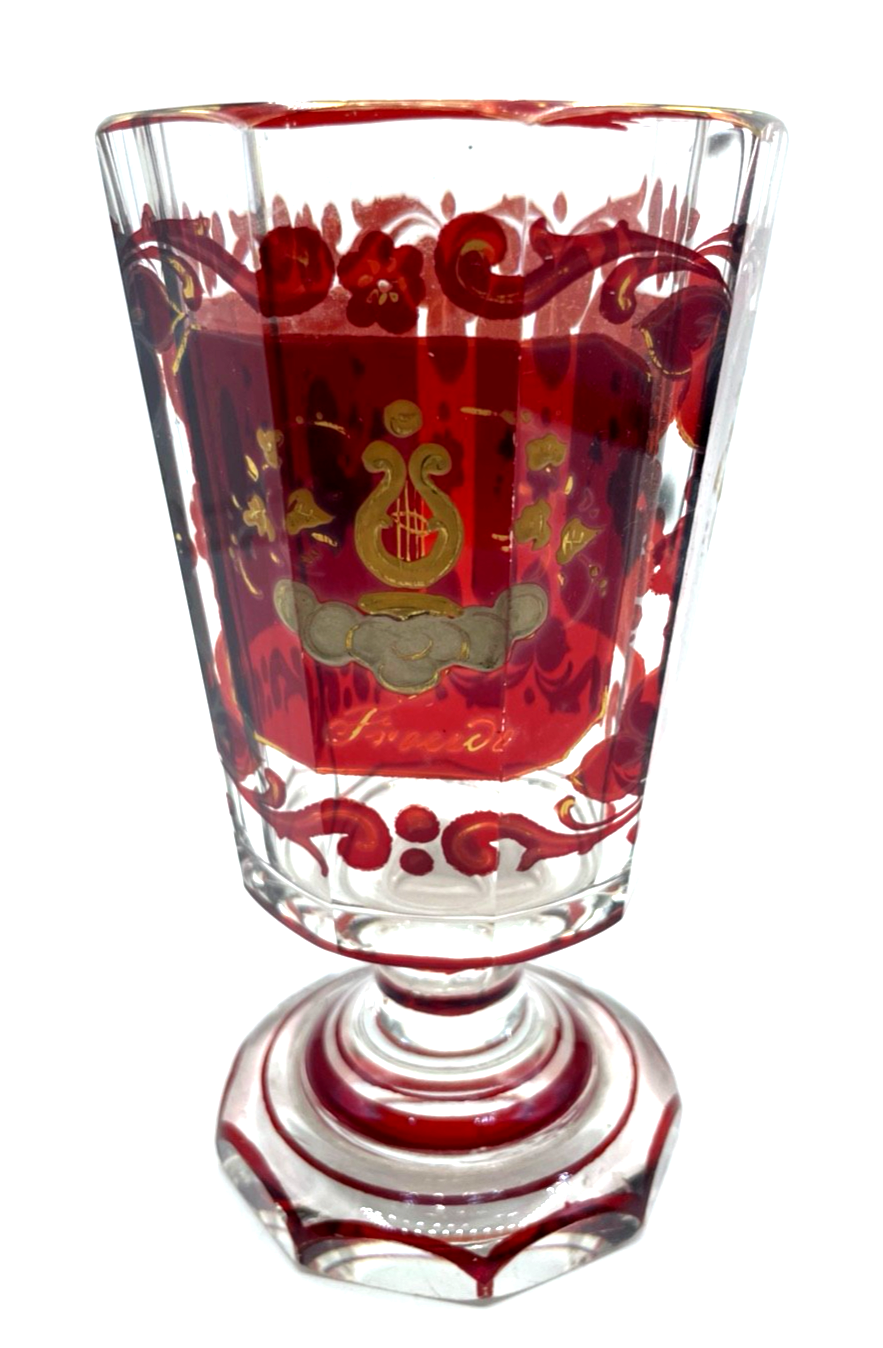 Biedermeier Pokal Überfang Glas Becher Ranftbecher handbemalt + Gold Dekor2