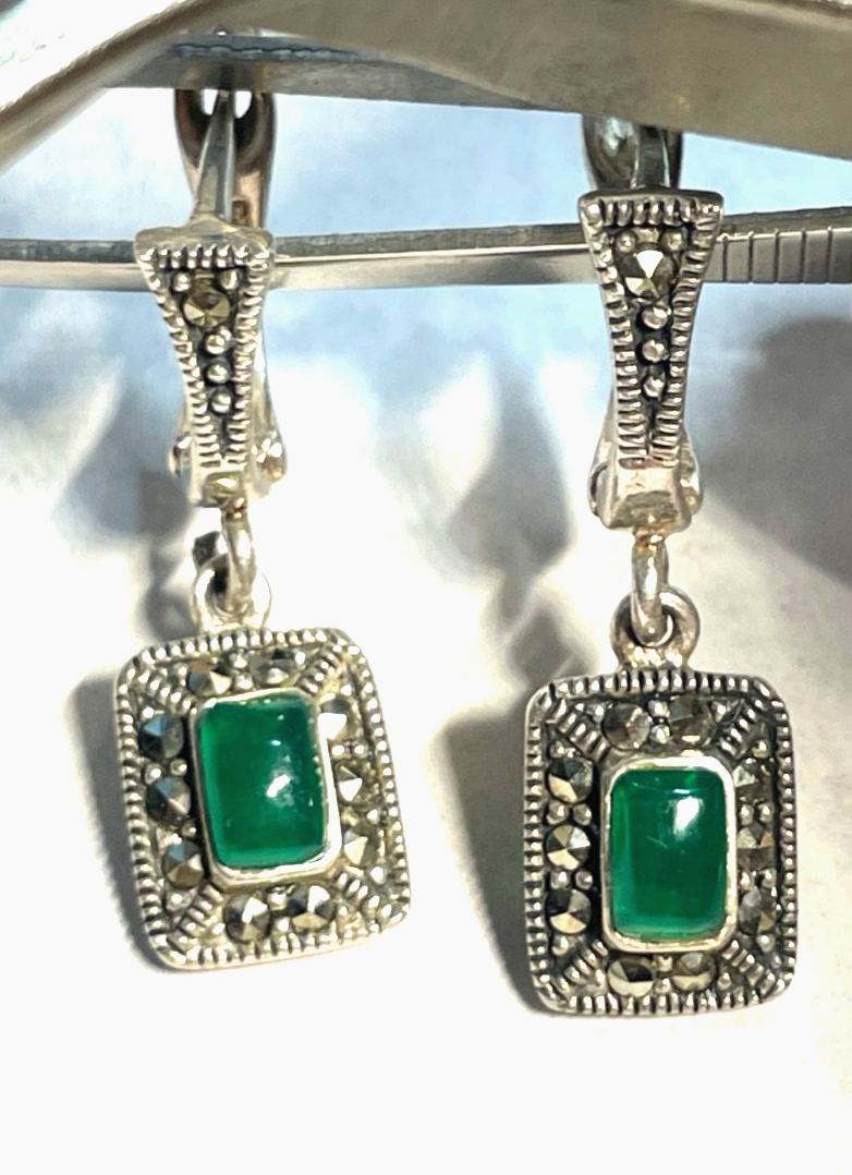 Solide 925 Silber Ohrringe Ohrhänger grüner Farbstein + Markasit im Antikstil2