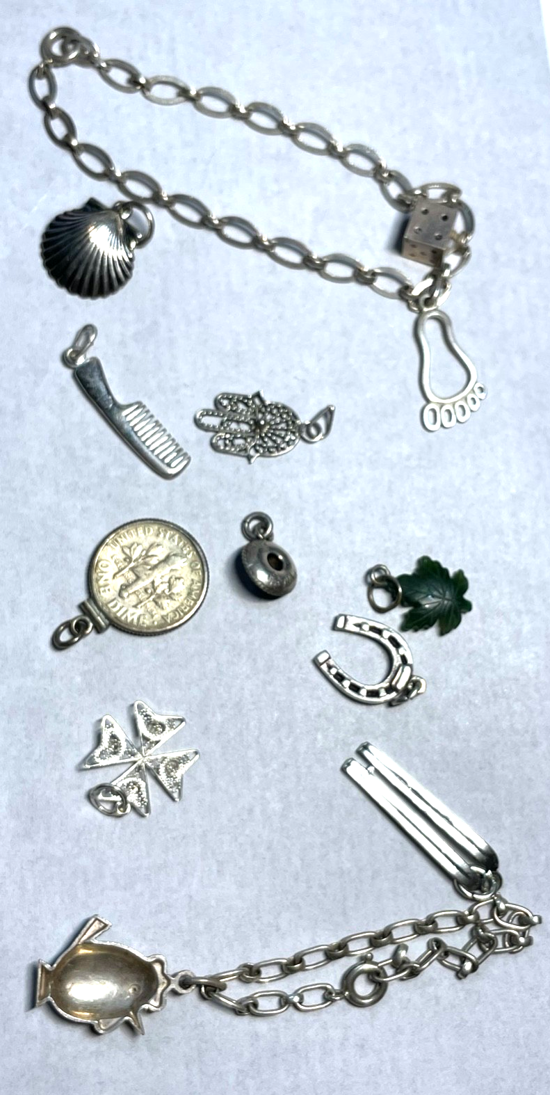 12 verschiedene Anhänger für Bettelarmband alle aus Silber + Armband 19,5 cm4