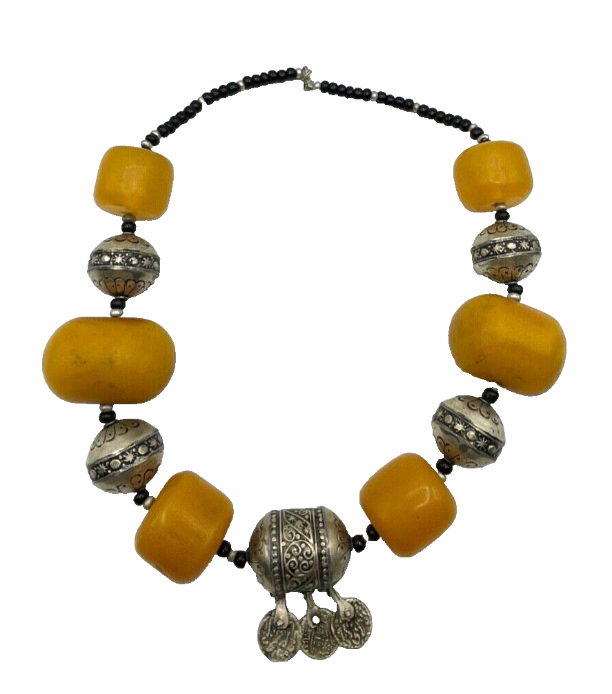 Attraktive Mega vintage Ethno Style Halskette Amber Look handgefertigt Unikat 643