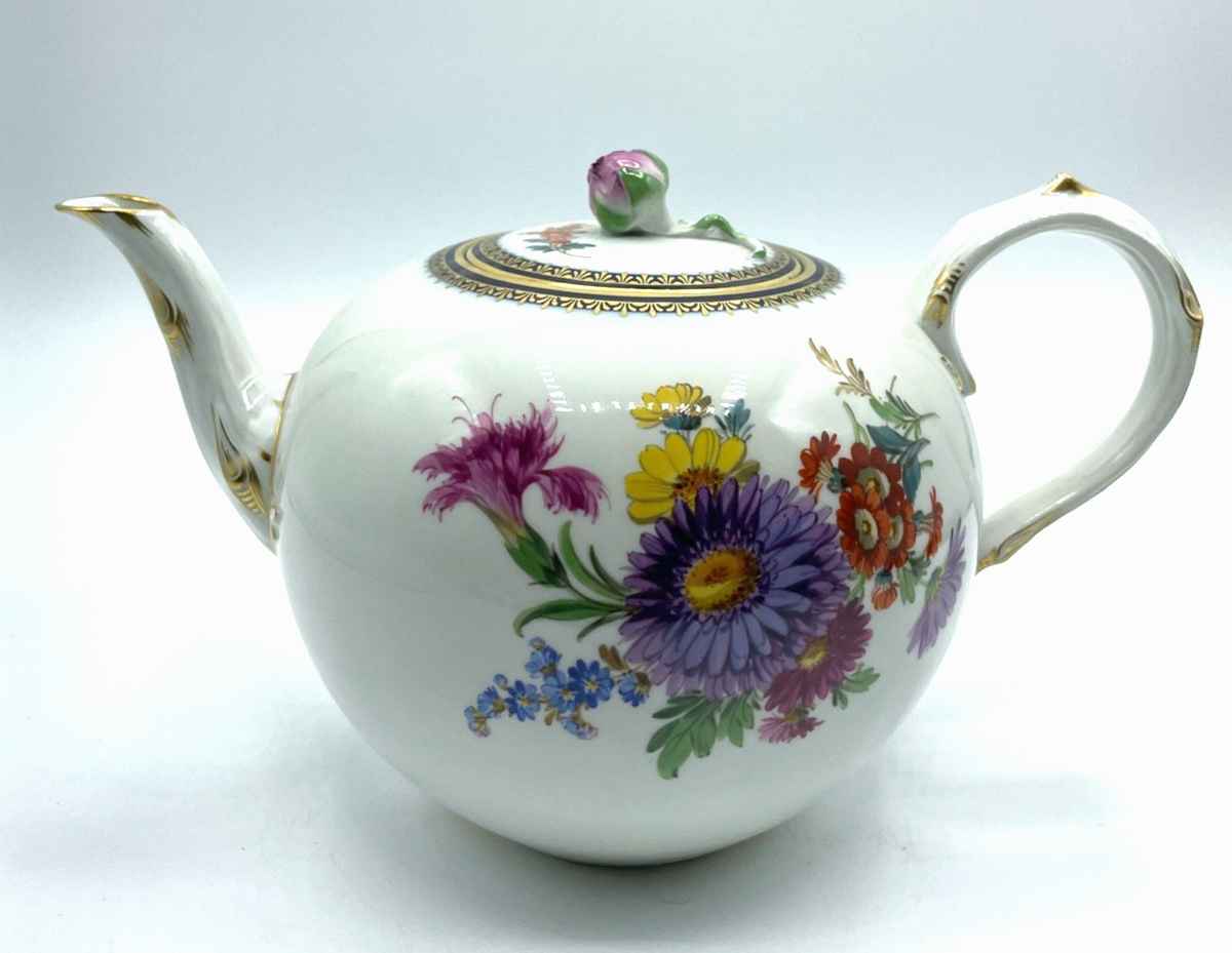 Antik Meissen Porzellan Teekanne 1. Wahl Blumenbukett Kobalt + Golddekor 1A Zust1