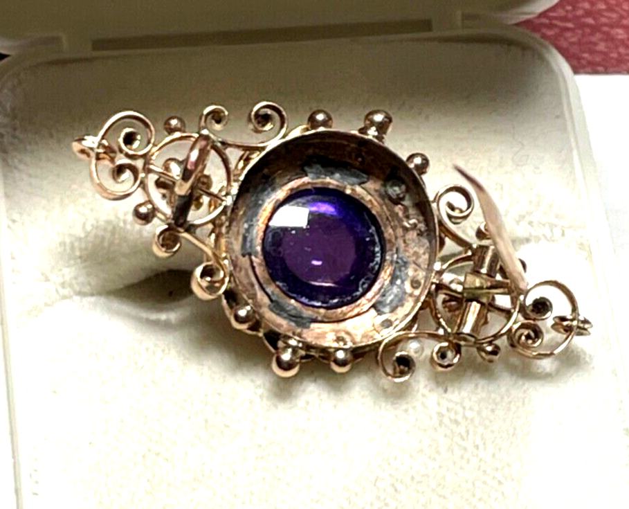 Antik 8 K Gold 333 Brosche Amethyst Cabochon Orientperlen Historismus Saatperlen8