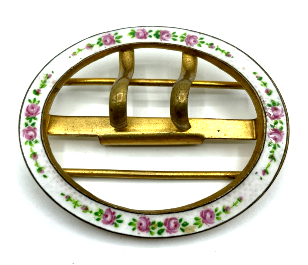 Antik Jugendstil ovale Gürtelschnalle Guilloche Rosen Emaille feuervergoldet0